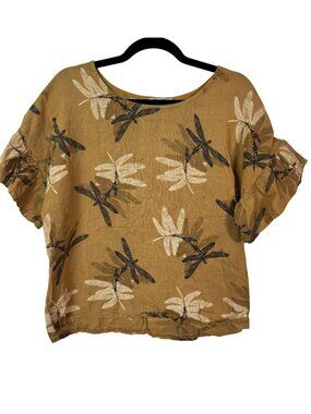 Elena Baldi Dragonfly Print 100% Linen Blouse Top Small Mustard Novelty Novelty
